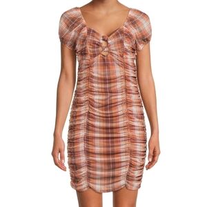Madden NYC Plaid Ruched Bodycon Dress - Puff Sleeves, Front Knot Cutout, Size Sm